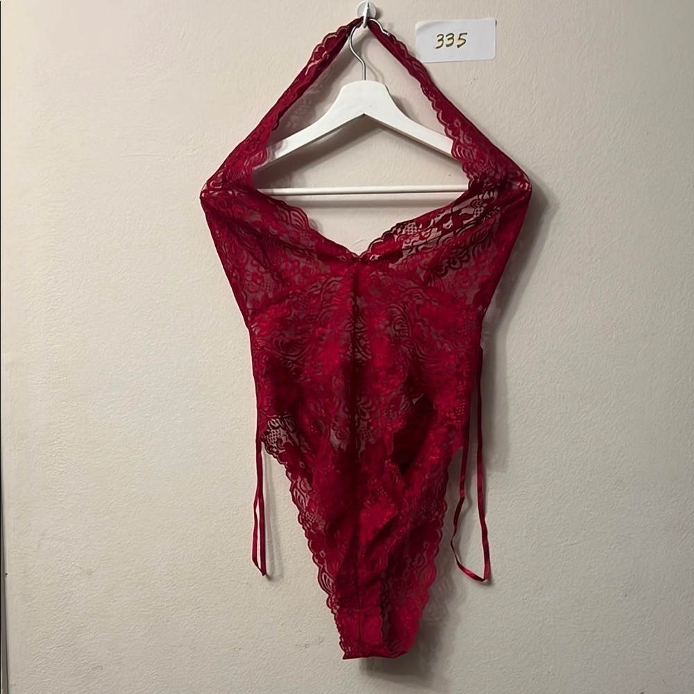 Fredericks Red Lace Chemise with Plunging Neckline and High-Cut Legs